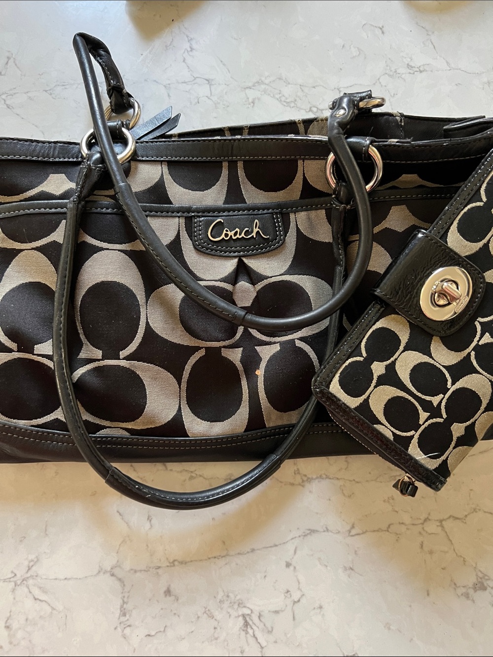 Coach Black and Cream Signature Canvas Tote with Leather Trim bonus wallet inc.
